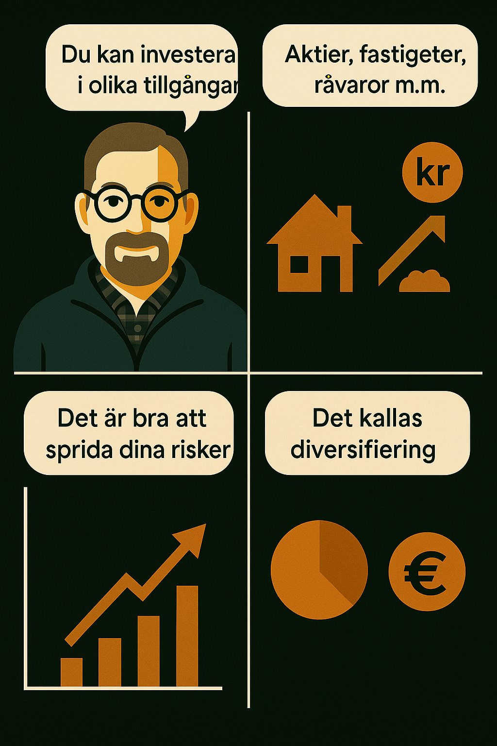 Serie om riskspridning: investeringar kan fördelas mellan exempelvis aktier, fastigheter och råvaror. Att sprida riskerna kallas diversifiering.