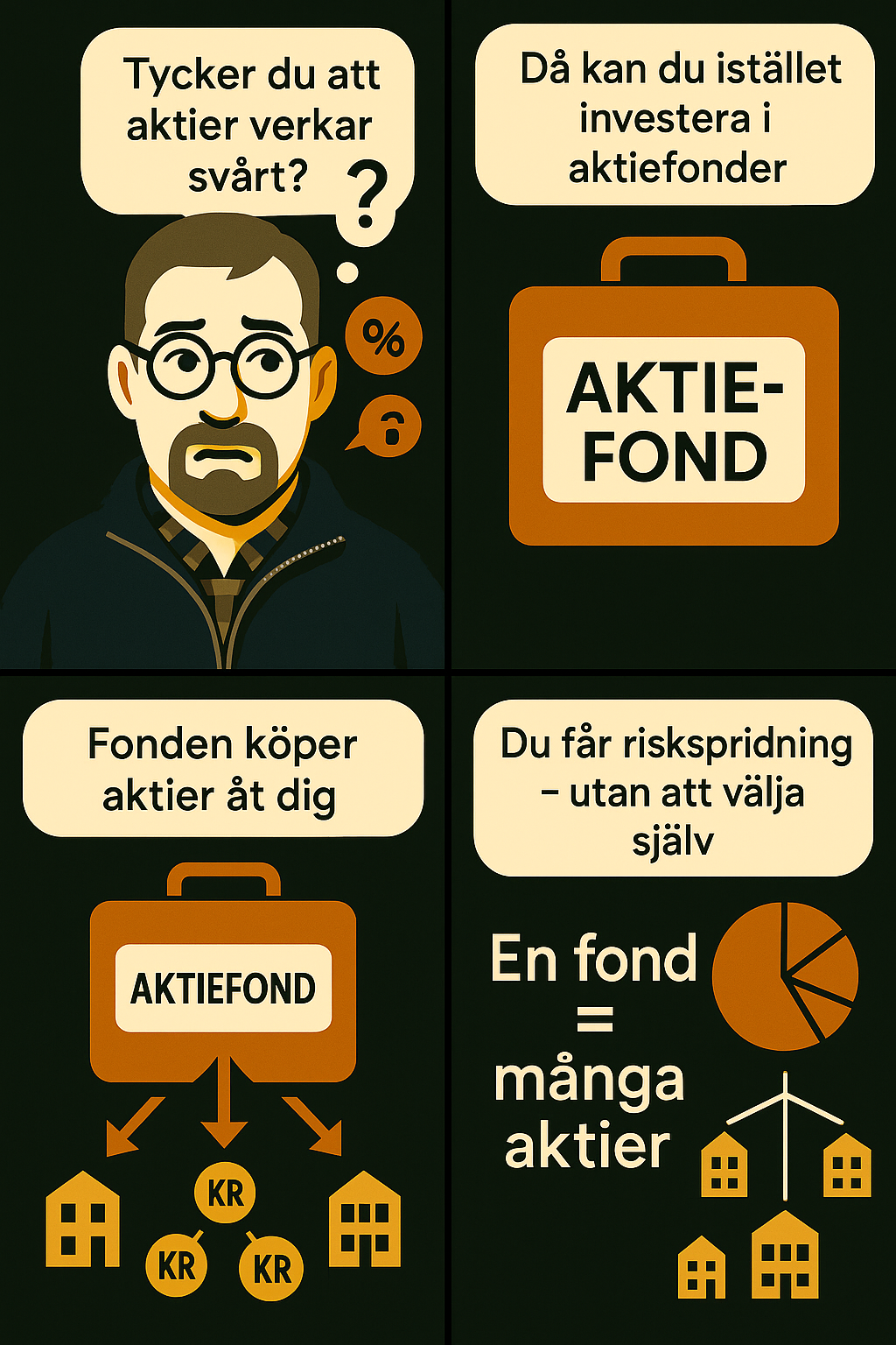 Serie om aktiefonder: fonden köper flera aktier åt spararen. En fond kan därför ge riskspridning utan att spararen väljer varje aktie själv.