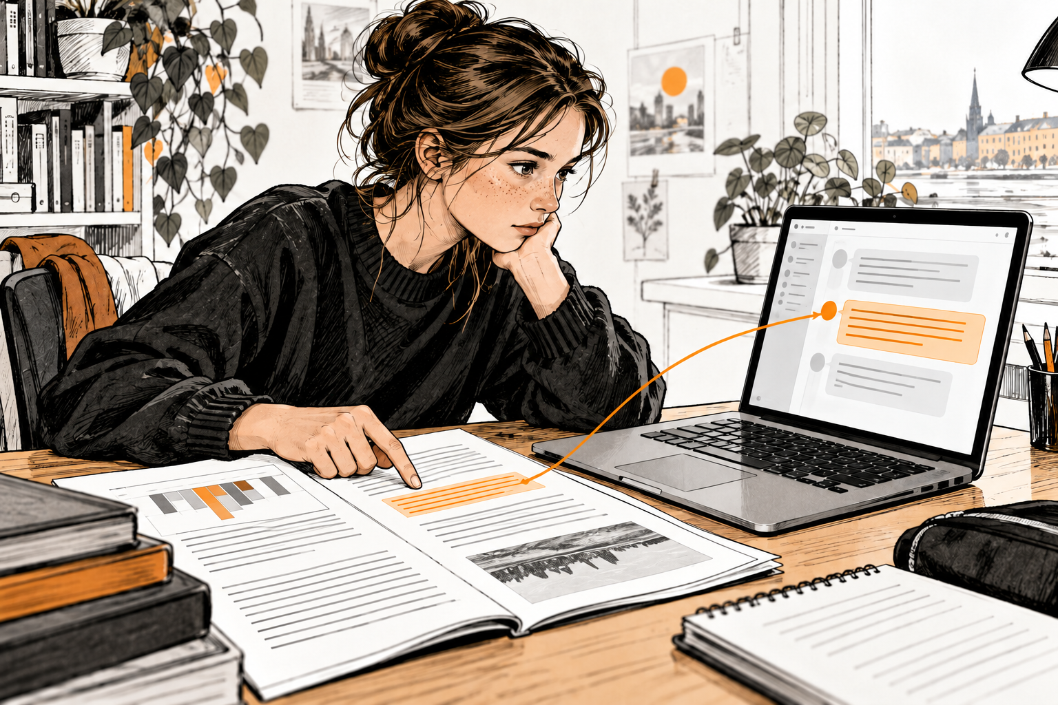 En elev pekar på ett avsnitt i en utskriven rapport och jämför med ett AI-svar på datorn. En orange pil förbinder avsnitten.