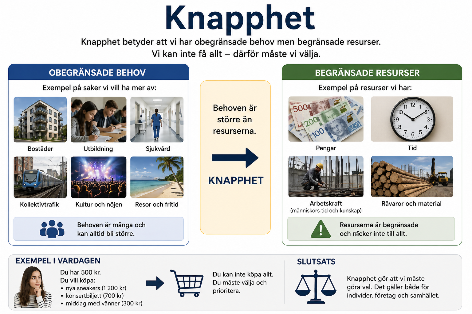 Knapphet uppstår när människors behov är större än de begränsade resurserna. Exempel på resurser är pengar, tid, arbetskraft och råvaror. Därför måste människor välja och prioritera.