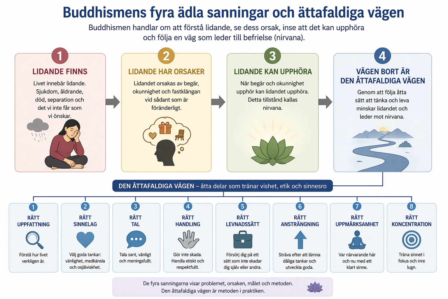 Buddhismens fyra ädla sanningar: lidande finns, lidande har orsaker, lidande kan upphöra och vägen dit är den åttafaldiga vägen. Den visas som åtta delar som tränas tillsammans för att utveckla visdom, etik och sinnesro.