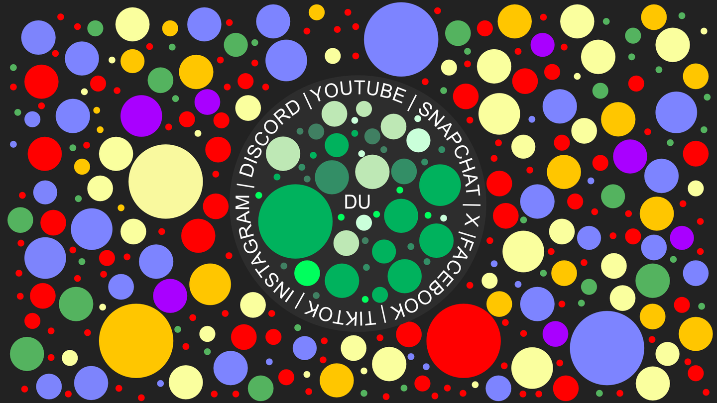 Illustration av en filterbubbla. Du står i mitten av en grön bubbla omgiven av namn på sociala medier, medan många olikfärgade bubblor finns utanför.