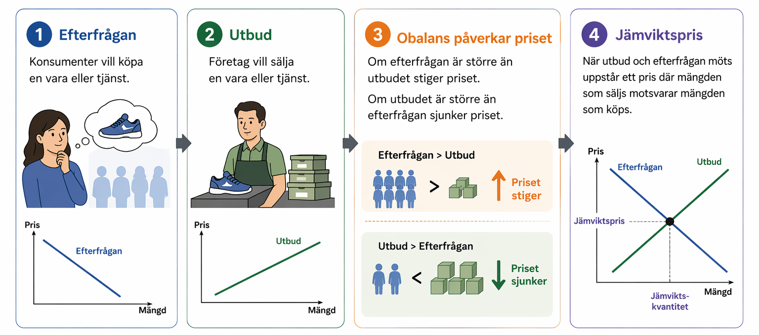 Utbud och efterfrågan i prisdiagram. Efterfrågan minskar och utbudet ökar när priset stiger. Efterfrågeöverskott pressar priset uppåt, utbudsöverskott nedåt. Där kurvorna möts råder jämviktspris.