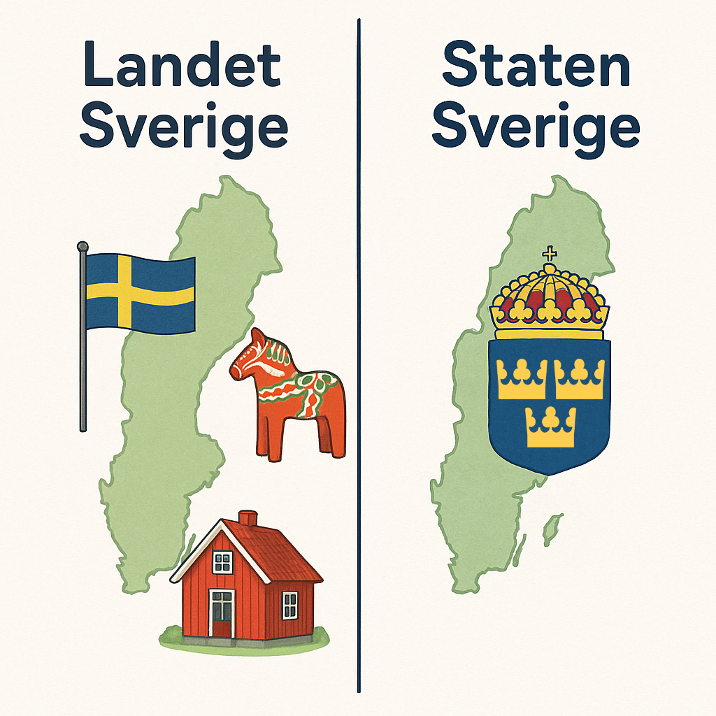 Jämförelse mellan landet Sverige, illustrerat med karta, flagga, dalahäst och stuga, och staten Sverige, illustrerad med karta och riksvapen.