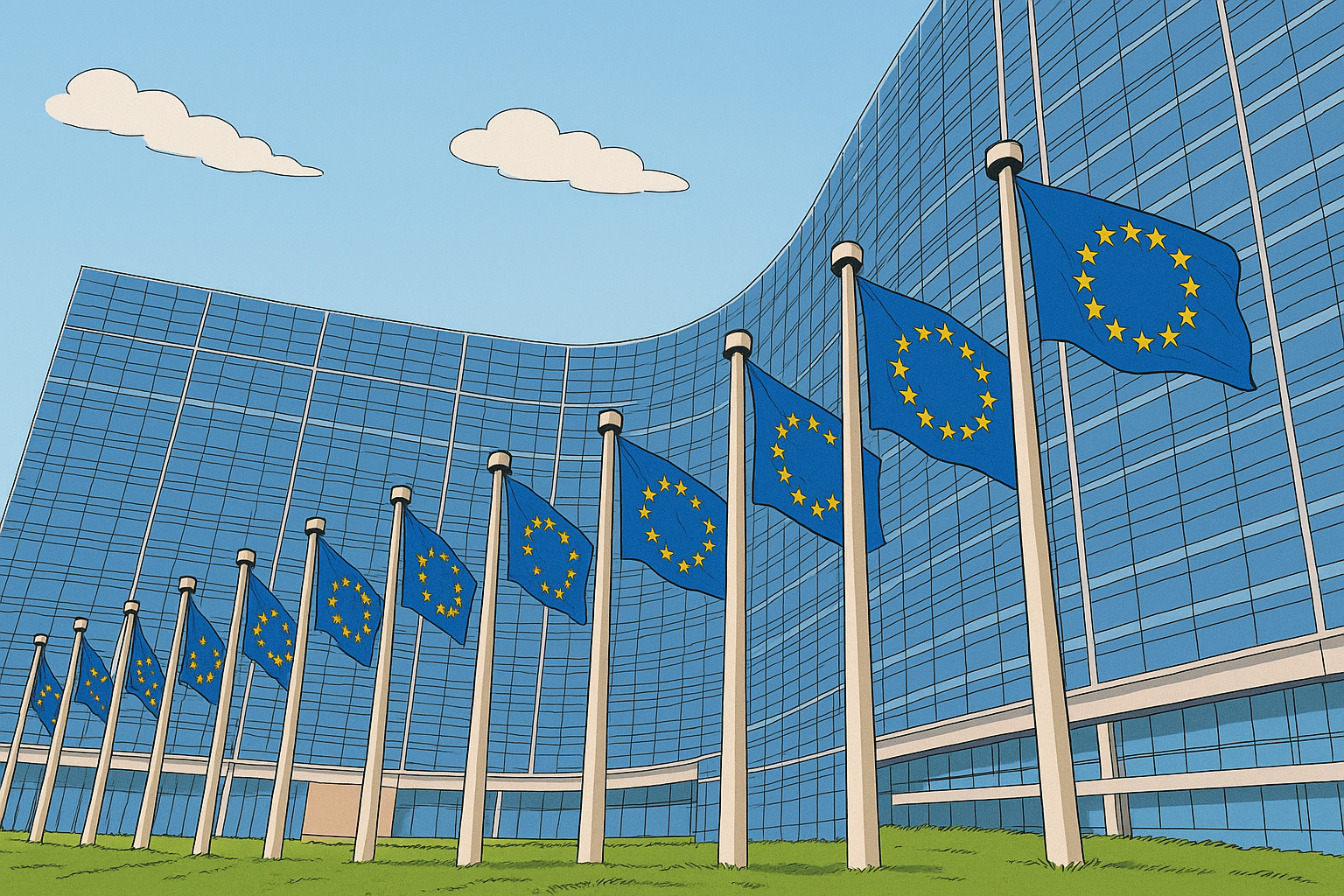 Illustration av EU-kommissionens byggnad i Bryssel, med flera EU-flaggor framför glasfasaden.