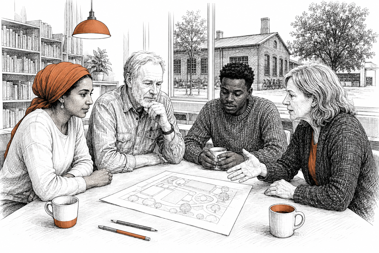 Tuschillustration av fyra personer som samtalar kring en ritning i ett bibliotek. Utanför fönstret syns en äldre verkstadsbyggnad.