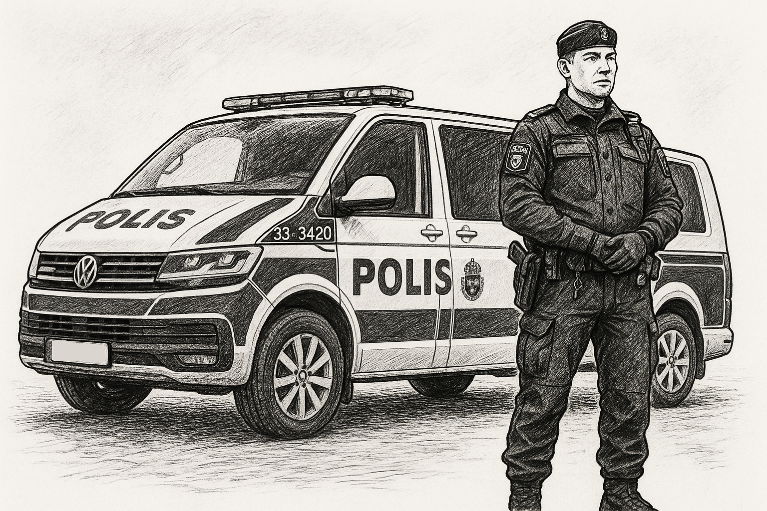 Teckning av en uniformerad polis bredvid en svensk polisbil.