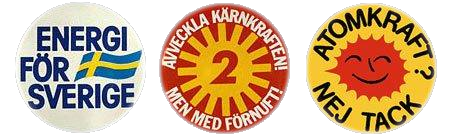 Tre kampanjmärken från kärnkraftsomröstningen: Energi för Sverige, linje 2 med budskap om avveckling med förnuft och Atomkraft? Nej tack.