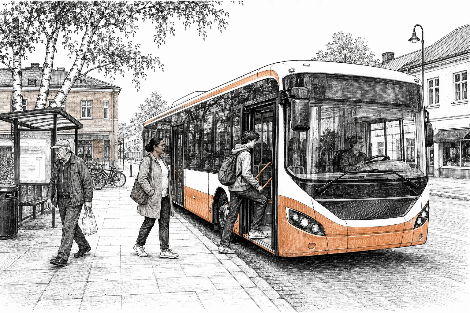 Resenärer stiger på en regionbuss vid en hållplats i en mindre tätort.