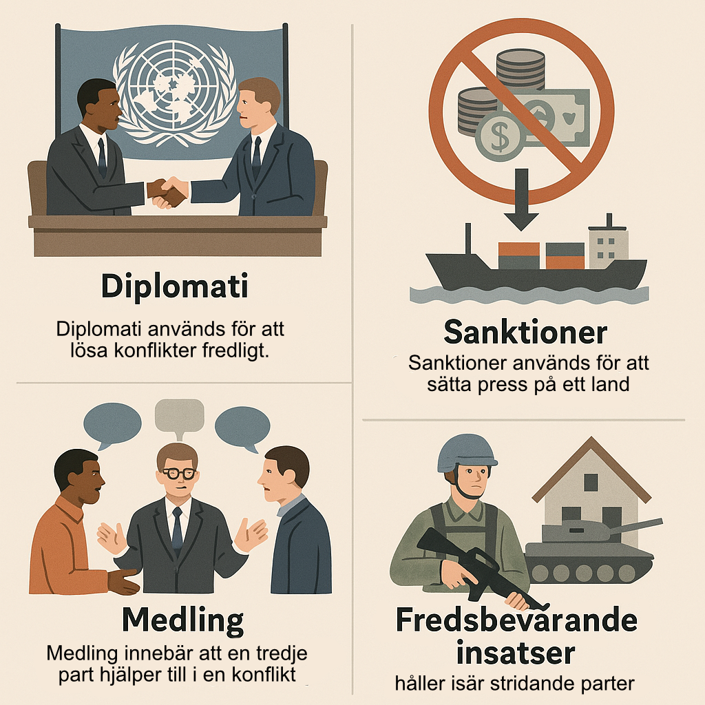 Fyra sätt att hantera konflikter: diplomati genom samtal, sanktioner som påtryckning, medling med en tredje part och fredsbevarande insatser som skiljer stridande parter åt.