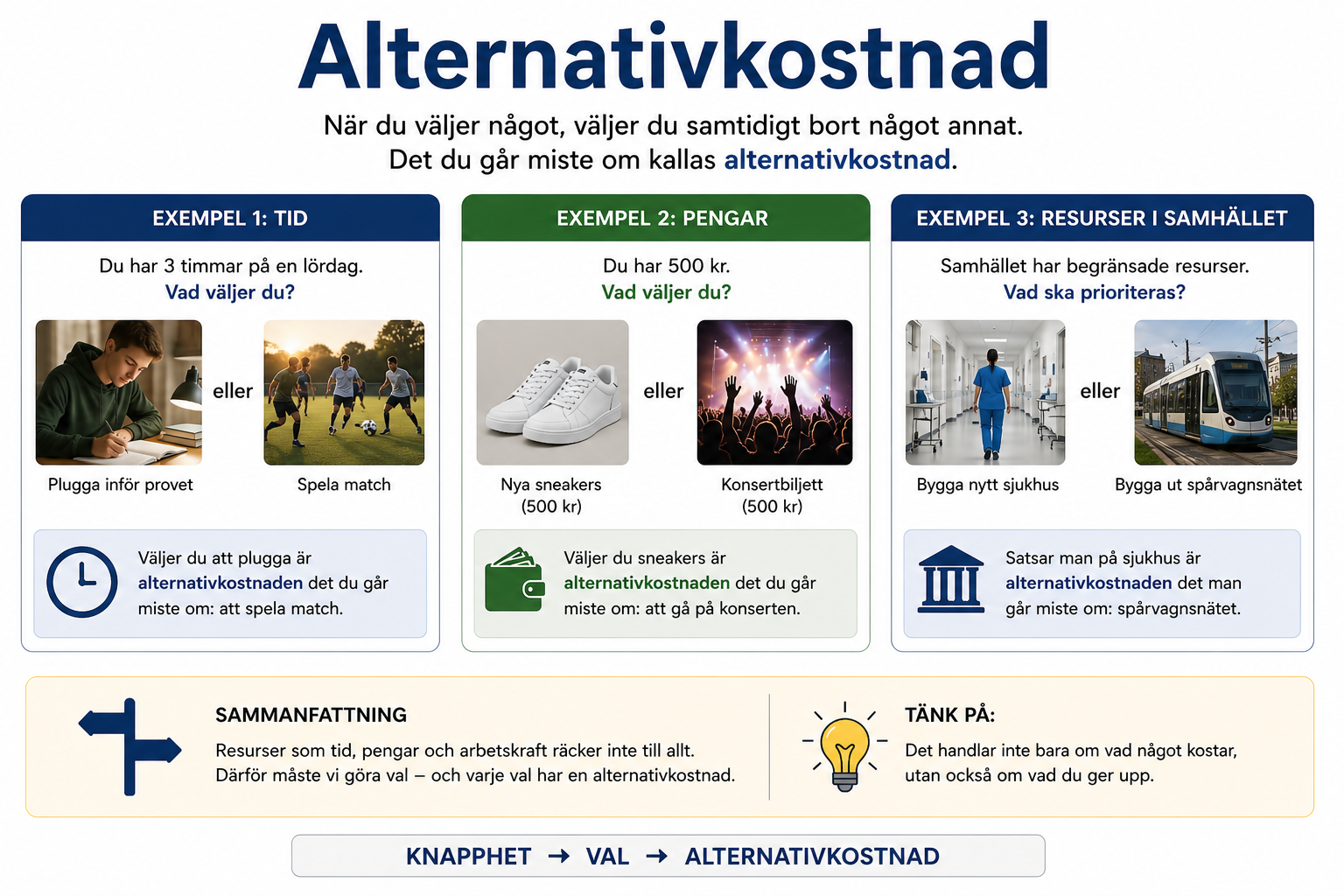 Alternativkostnad är det bästa alternativ som väljs bort. Bilden jämför att plugga eller spela, köpa skor eller konsertbiljett samt använda samhällets resurser till olika verksamheter.