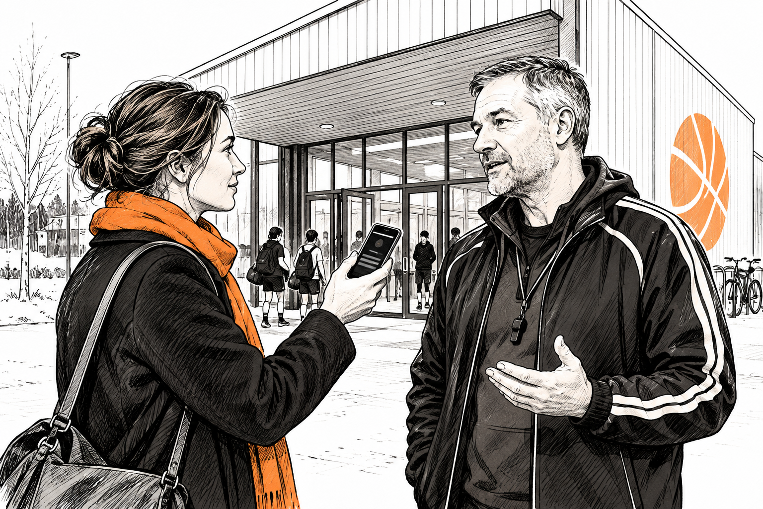 En lokalreporter håller fram en mobiltelefon och intervjuar föreningens ordförande utanför en idrottshall.